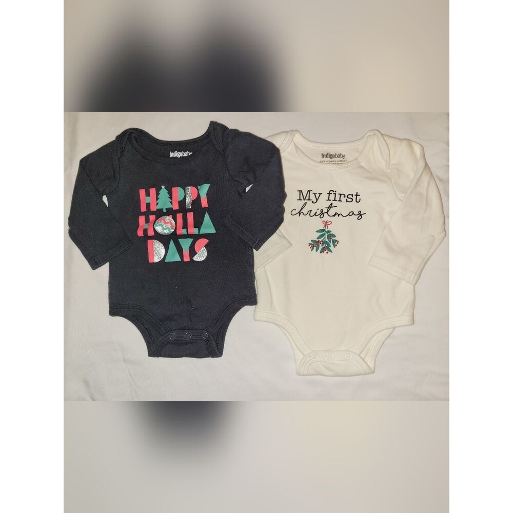Indigo Baby Size 3-6 Months Holiday 1st Christmas 2 Piece Bodysuits Bundle